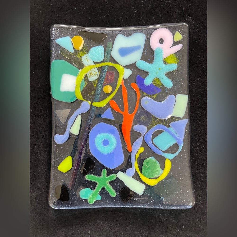 “Mermaid Life”Fused Art Glass Blue Handmade Rectangular Tray 8”x6”Original